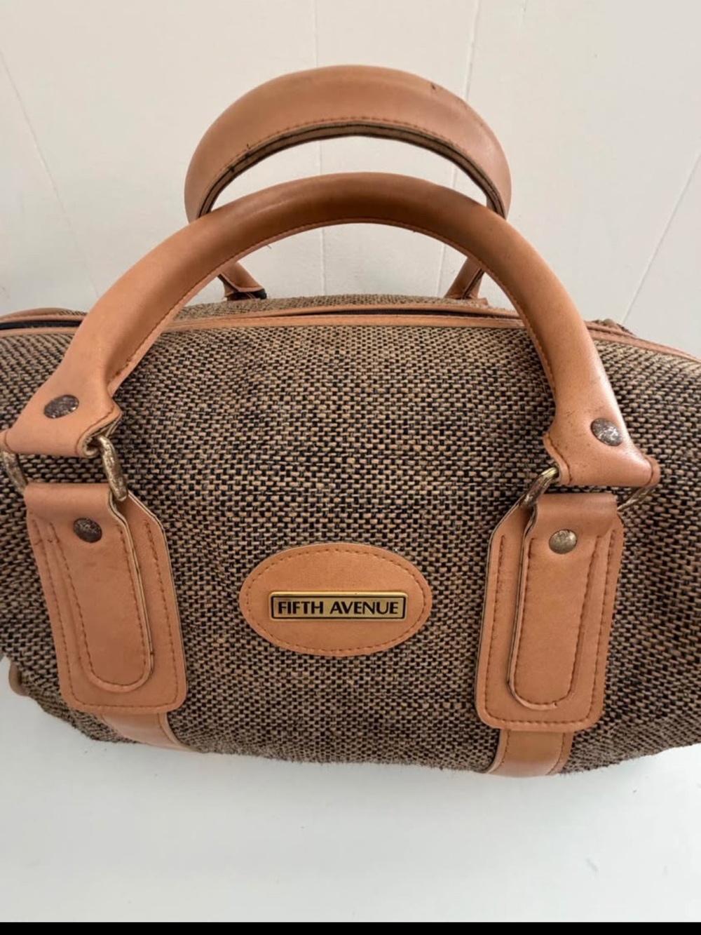 Saks Fifth Avenue Tweed Brown Canvas & Tan Leather Travel Bag Vintage